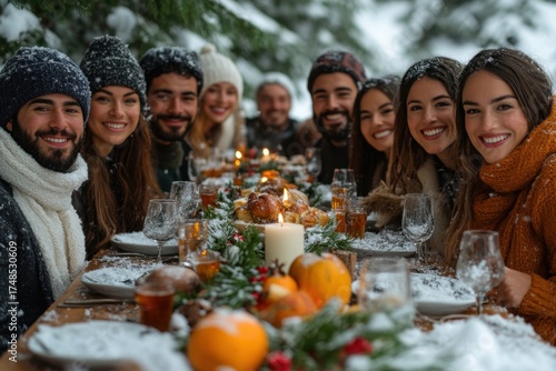 Friends share laughter during a cozy holiday dinner.