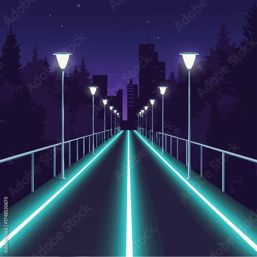 Futuristic Cityscape at Night with Neon Road and Streetlights.