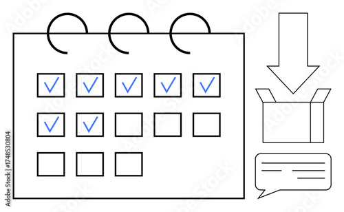 Calendar marked with checkmarks, downward arrow, box, and speech bubble. Ideal for scheduling, task management, shipment tracking, workflow organization, productivity project planning simple flat