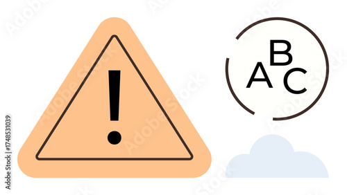 Warning triangle with exclamation point, circular arrangement of ABC letters, and cloud shape. Ideal for education, alert, safety, communication, minimalism, learning and simplicity metaphors