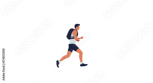 Man running with backpack on white background.
