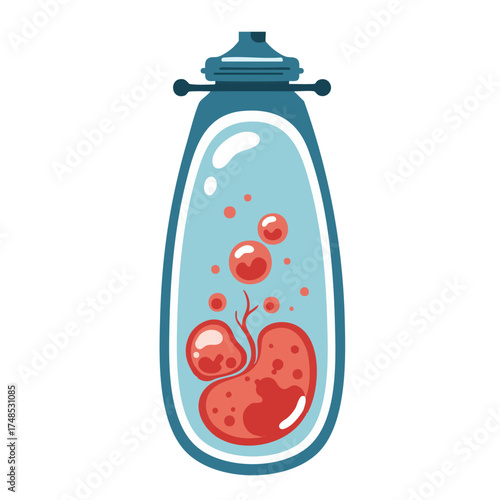 A blue bottle with red liquid and bubbles inside, science experiment concept.