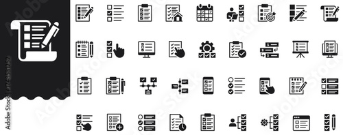 To-do list and Checklist solid icon set features task, productivity, schedule, agenda, workflow, goal, notes, deadline, work, management and planning symbols. Professional, minimal vector collection.