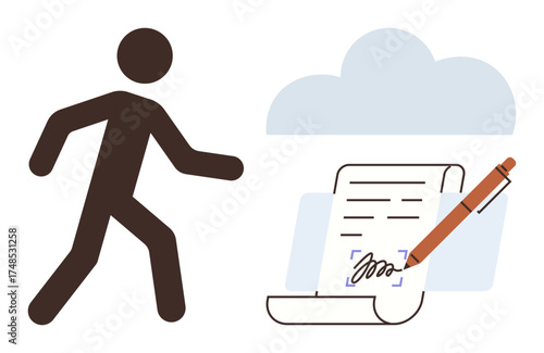 Person walking toward a floating document being signed with a pen under a cloud, symbolizing mobility, digital contracts, online approvals, e-signatures, remote work, cloud technology, workflow