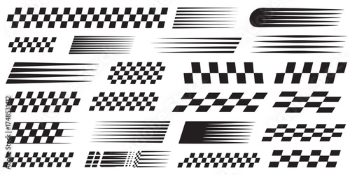 Dynamic racing flag and speed lines vector set; essential graphic elements for sports designs
