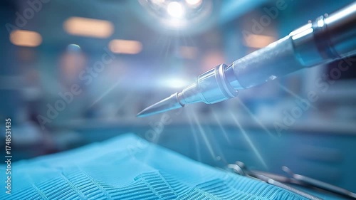 Close-up of a surgical needle threading through tissue in a sterile operating room, with blue drapes and medical equipment in the background, emphasizing precision and asepsis.