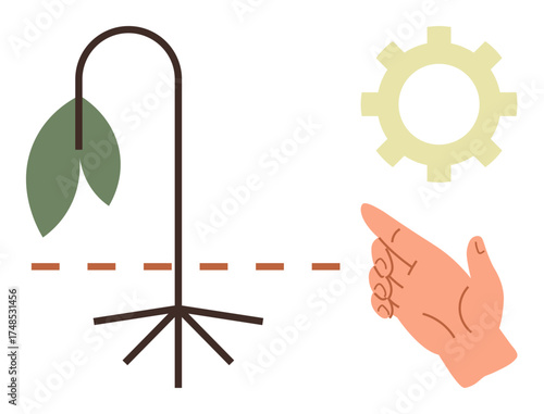 Wilted plant stem with falling leaf beside a gear and a pointing hand. Ideal for sustainability, environmental care, innovation, problem-solving, growth, solutions, eco-strategy. Simple flat metaphor