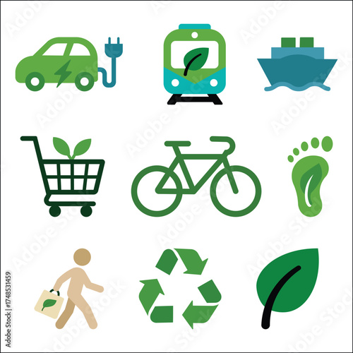 Collection of ecofriendly transportation and lifestyle icons