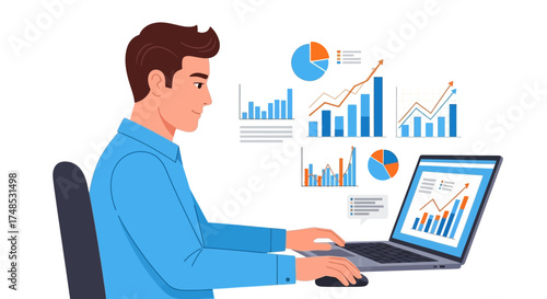 Man working on a laptop with data charts displayed on the screen.