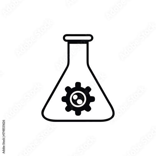 Isolated Erlenmeyer Flask with Gear Inside on Background in Outline Style