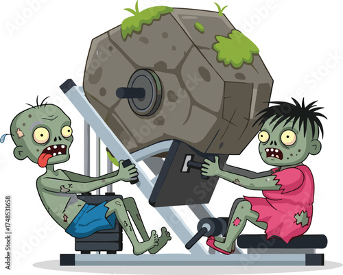 Zombie workout, cartoon gym, leg press, spooky fitness, undead training, Halloween humor, creepy exercise, funny horror, boulder weights, gym parody