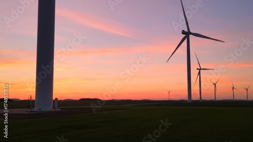 Wind Turbines in Field at Sunset with Orange and Pink Sky Silhouette Power Generation Sustainability Renewable Energy