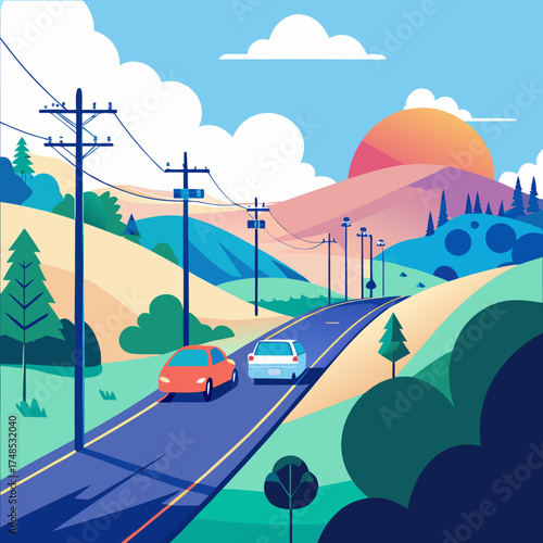 Colorful sunset drive on a scenic highway road cars