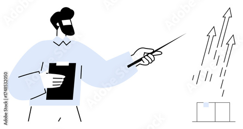 Businessman holds clipboard and points at upward arrows symbolizing growth and success. Ideal for business strategy, development, progress, leadership, teamwork, planning, sales goals. Simple flat