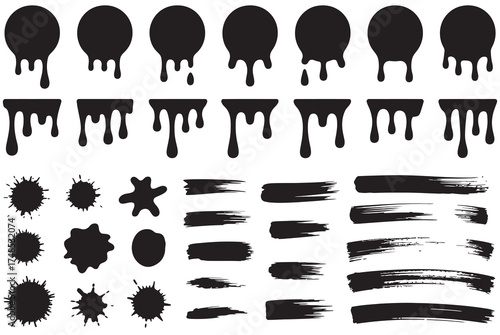 Collection of black paint drips, ink splatters, and grunge brush strokes vector elements