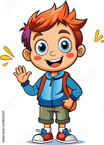 Happy cartoon boy waving hello ready for school with backpack cartoon