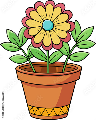 Brightly colored flower in a terracotta pot with green leaves