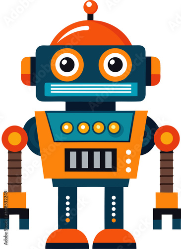 Colorful retro robot toy with glowing eyes and buttons playful design
