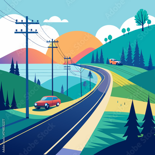 Scenic road trip with red car and telephone poles Keywords: road, travel, landscape, nature, car