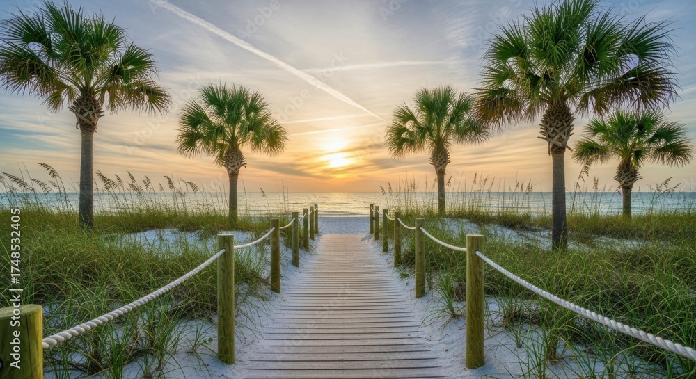 Fototapeta premium Palm trees frame a wooden path leading to a breathtaking beach sunset
