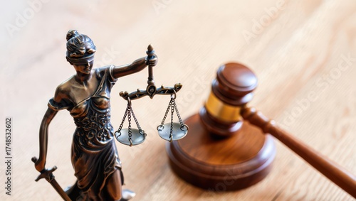 Lady Justice statue, blindfolded and holding scales of justice and a sword, stands beside a wooden gavel, representing law, fairness, and legal proceedings