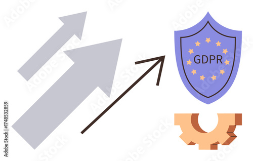 Upward arrows directing toward a GDPR shield and gear, highlighting privacy, data security, and regulation. Ideal for data protection, governance, legal compliance, innovation, optimization