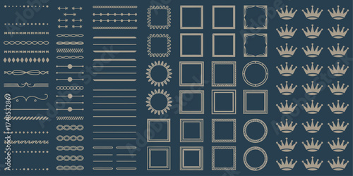 Vintage Decorative Elements Frames, Crowns, and Dividers on Navy Background