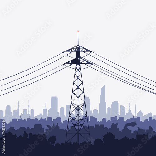 Silhouette of a power line tower against a city skyline.