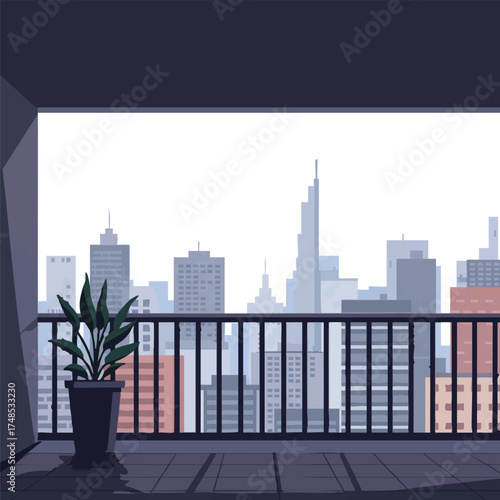 Balcony view of a city skyline with a potted plant.