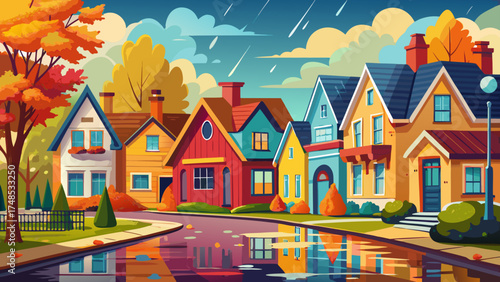 Very beautiful colorful houses side-by-side with autumn trees behind and wet street in front, vector-style cityscape evoking cozy, seasonal charm.