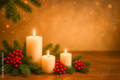 Horizontal photo of three burning candles with pine branches and red berries on a wooden surface, glowing warmly in a golden background. Peaceful festive still life symbolizing comfort, reflection