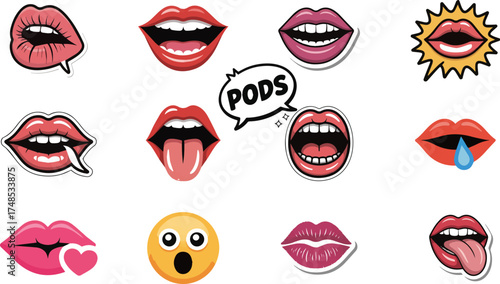 Lips patches collection. Vector illustration of sexy doodle woman's lips expressing different emotions, such as smile, kiss, half-open mouth, biting lip, lip licking, tongue out. Isolated on white.