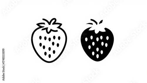 Two distinct stylized strawberry fruit icons on a white background, one in line art outline style and the other as a solid black silhouette, showcasing simple graphic design
