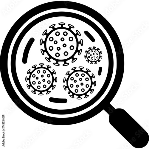 Microscopic Investigation: A graphic depicts a magnified view of viral particles under a magnifying glass, highlighting the intricacies of a microscopic world and disease study.