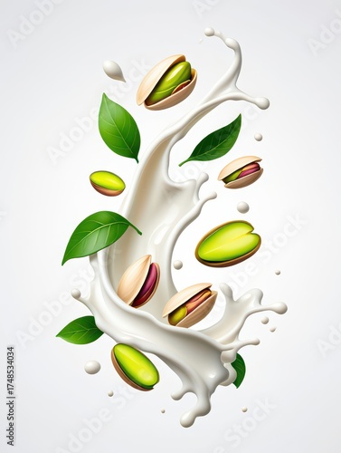 Pistachio nuts, shelled and unshelled, with green leaves splashing through a flowing stream of white milk, evoking fresh, creamy, plant based beverage and healthy snack concept