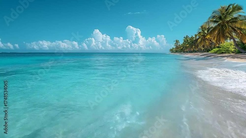 Sunlit tropical beach scene with turquoise sea, white sand, gentle waves, and palm trees lining the shore under a clear blue sky, ideal for travel, vacation, and relaxation imagery