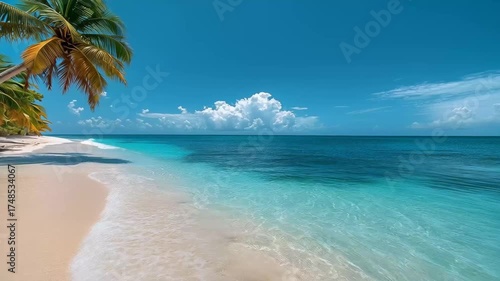 Pristine tropical beach with swaying palm trees, powdery white sand, crystal clear turquoise water, and an azure sky, a serene sunlit coastal landscape perfect for travel imagery.