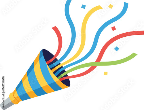 A party popper exploding with colorful streamers and confetti against a white background.
