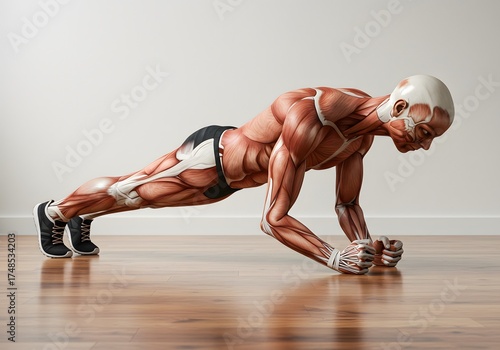 A detailed anatomical view of a person planking, highlighting the muscles and skeletal structure