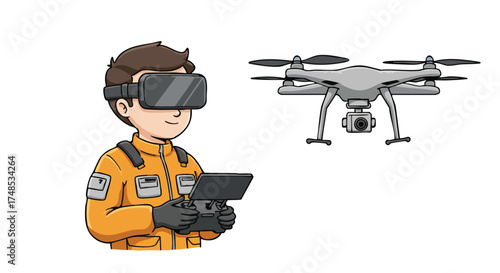 Man controlling a drone with VR headset and remote.