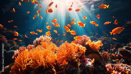 Vibrant tropical coral reef scene featuring orange corals, sun rays filtering through clear turquoise water, and a school of small orange reef fish weaving among seabed rocks