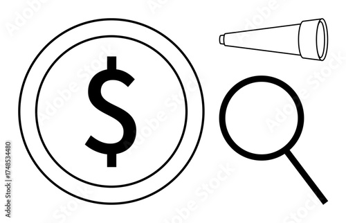 Dollar coin, magnifier, and telescope highlight finance, research, and future planning. Ideal for investment, savings, analysis strategy vision wealth discovery themes. Minimalistic flat metaphor