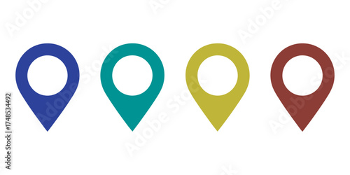 Four colored map location pins on a white background