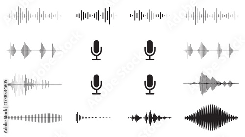 Collection of Audio Waveforms and Microphone Icons