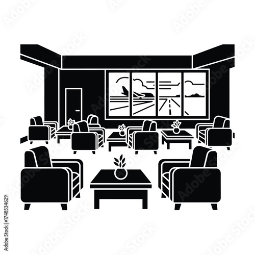 Airport lounge waiting area with seating and windows