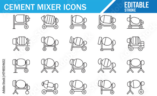 Cement Mixer Icons: Set of editable line icons depicting different types of cement mixers, construction equipment, and machinery for construction and industrial purposes. Perfect for building and engi