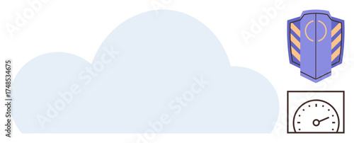 Large cloud shape with shield for protection and speedometer symbolizing performance. Ideal for cloud technology, data security, efficiency, connectivity, reliability, performance, and innovation