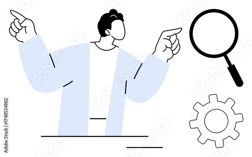 Abstract person gesturing for explanation, magnifying glass for search or research, gear for process or problem-solving. Ideal for teamwork, innovation, strategy, education, leadership, analysis