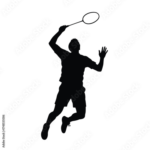 Badminton player jumping to hit shuttlecock silhouette