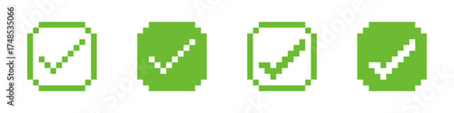 Minimalist pixel art green checkmarks for digital design projects